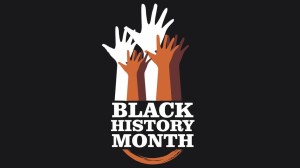 Black History Month text with hands raised